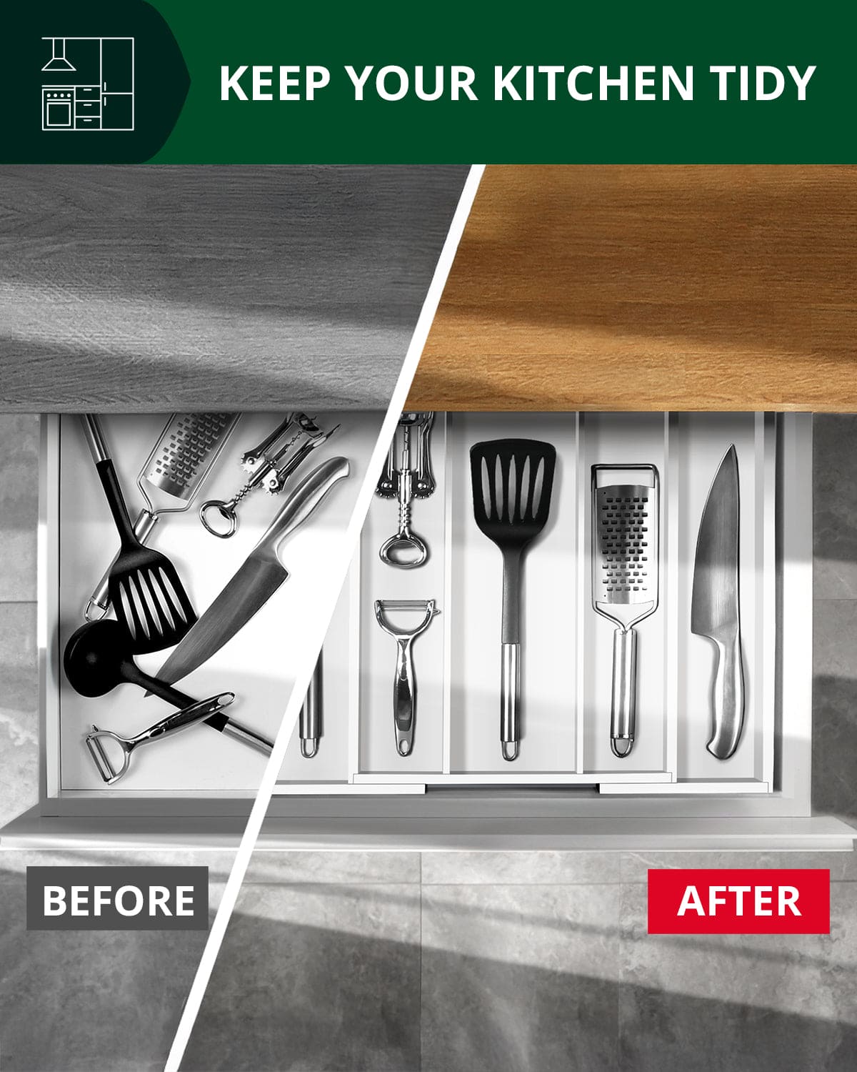 Utensil Drawer Organizer, White (5 Slots)